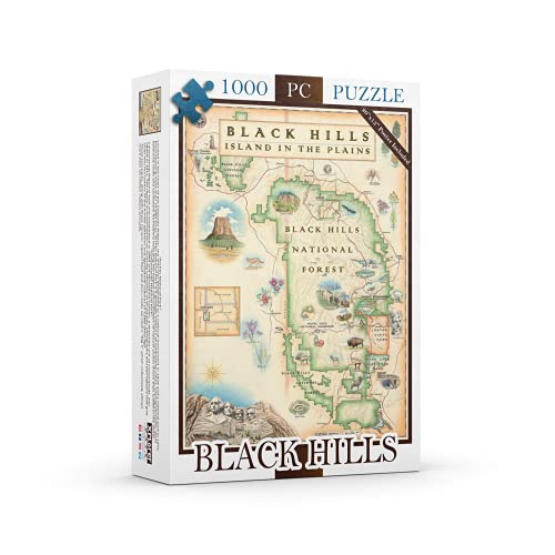 Mount Rushmore, Black Hills National Forest, Devils Tower Map Cardboard Jigsaw Puzzle - 1000 Pieces, Hand-Illustrated - Educational, Family Activity, Includes Poster - 25.4 x 19.8 - color: Black Hills