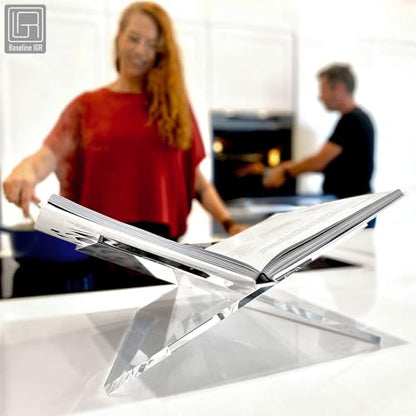 Medium Clear Acrylic Book Stand, 8.7” x 6.3” x 3.6”, Acrylic Book Holder, Open Bookstand for Display and Reading Cookbooks, Art Books, Bibles, Magazines - Home and Office - color: Clear, size: Medium