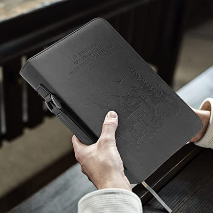 DEHITE Bible Cover Case for Men – Bible Carrying Case for Men – Black Large Holder – Bag Fits Book 10.1 x 7 x 1.9 in – Pen Slots – Zippered Pocket – Premium Faux Leather – Christian Gift - size: Large Black