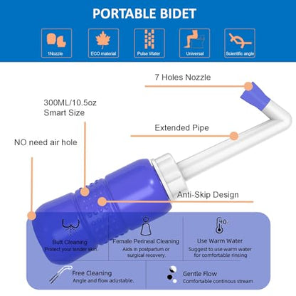 2 Pack 300ML Portable Bidet, Blue & Pink Handheld Travel Bidet Sprayer, Leak-Proof Upside-Down Squeeze Design for Postpartum Care, Menstrual Hygiene, Adults & Kids, Home/Travel/Outdoor/Camping