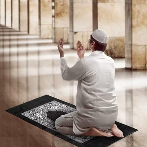 Portable Polyester Muslim Prayer Mat, Square Unnapped Woven Fabric with Directional Compass for Travel & Daily Prayer(Blue)