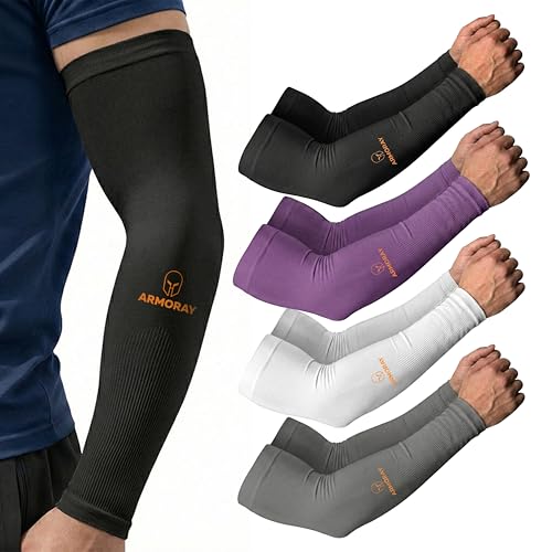 ARMORAY Arm Sleeves for Men and Women - UV Sun Protection Cooling Compression - Tattoo Cover Up Sleeve for Daily Wear & Work - color: Black + Purple + White + Gray ( 4 Pair)