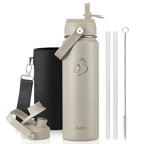 BUZIO 24 oz Water Bottle Insulated, Leakproof Stainless Steel Flask (Cold for 48 Hrs), Wide Mouth BPA-Free Metal Thermo Hydro Canteen with 2 Lids, Greige - color: Greige, size: 24 Ounces
