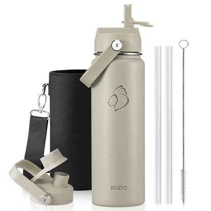 BUZIO 24 oz Water Bottle Insulated, Leakproof Stainless Steel Flask (Cold for 48 Hrs), Wide Mouth BPA-Free Metal Thermo Hydro Canteen with 2 Lids, Greige - color: Greige, size: 24 Ounces