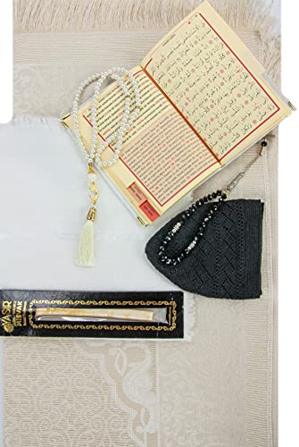 ihvan online Prayer Gift Box for Hajj and Umrah, Muslim Prayer Rug, Islamic Mat, 99 & 33 Pearly Beads Tesbih, Yaseen Book, Miswak, Hijab, Islamic Deluxe Set for Ramadan & Eid Gift, White/Set 1 - color: White / Set 1