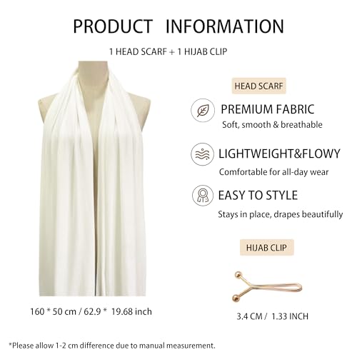 Jersey Hijab Scarf for Women,Lightweight Muslim Turban Head Scarf Modal Feel Hijab Coverings for Prayer with Clip - color: White