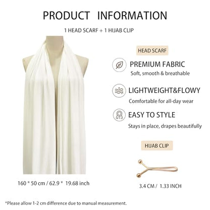 Jersey Hijab Scarf for Women,Lightweight Muslim Turban Head Scarf Modal Feel Hijab Coverings for Prayer with Clip - color: White