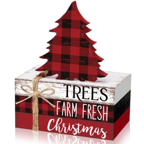 Geelin 4 Pcs Christmas Tiered Tray Decor Wooden Book Stack Signs, Red Black White Buffalo Plaid Christmas Table Decor, Farmhouse Rustic Centerpieces for Shelf Coffee Bar Office Desk Decorations - style: Christmas Plaid Trees