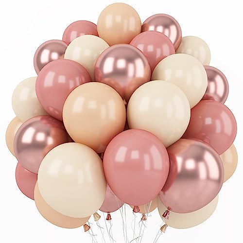 레트로 블러쉬 핑크 풍선, 60팩 30.5cm(12인치) 더스티 핑크 메탈릭 크롬 로즈 골드 화이트 샌드 누드 풍선, 호박 베이비 샤워 여아 여성 보헤미안 생일 신부 결혼식 어머니의 날 장식 - color: 레트로 핑크