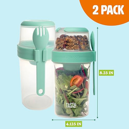 Tasty Salad Shakers with Sporks, Bring Salads and Snacks to Go, All-In-One Container, Convenient Carry Handle, Separate Compartments, 2-Pack Set, Aqua