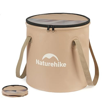 Naturehike 10L Collapsible Bucket, Folding Portable Wash Basin with Handle & Lid for Outdoor Camping Travelling Fishing Hiking Gardening Car Washing (Khaki-10L)