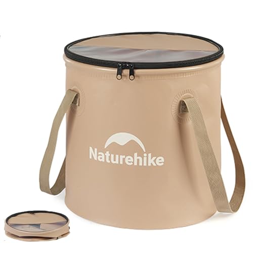 Naturehike 10L Collapsible Bucket, Folding Portable Wash Basin with Handle & Lid for Outdoor Camping Travelling Fishing Hiking Gardening Car Washing (Khaki-10L)