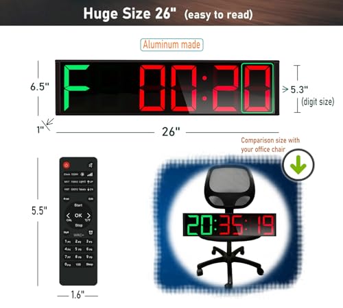 26'' Huge Home Gym Interval Workout Timer Clock, Digital Wall Clock with Seconds Countdown/up, Stopwatch, 8-Alarms, 7-Color Night Light for Tabata/HIIT/MIIT/EMOM/FGB/Boxing (Green-Red)