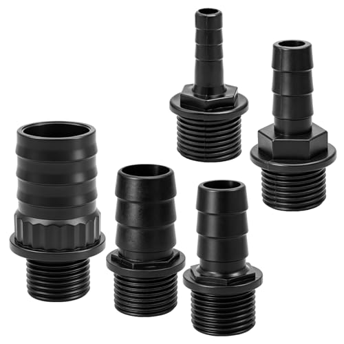 Hose Barb Fitting Set for Submersible Pump, 5PCS G1/2" Male Thread to 5/16" 1/2" 5/8" 3/4" 1" Barb Adapter Kit, PP Plastic Pump Outlet Connector for Pond Fountain Aquarium Hydroponics Water Feature