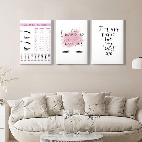 Makeup Wall Art Canvas Fashion Art Eyelash Pictures Eyelash Extension Guide Poster Beauty Salon Wall Art Pink Black and White Painting Lashes Picture for Bathroom Living Room 16x24inchx3 with Framed - color: Beauty Salon Wall Art Framed, size: 16"L x 24"W