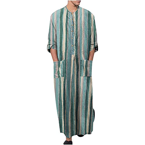 Men's Striped Robe Long Sleeve Zip-Up Thobe Long Gown Muslim Middle East Kaftan Dresses Muslim Dubai Clothes - color: Type 2:green, size: Small