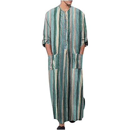 Men's Muslim Kaftan Thobe 3/4 Sleeve East Islamic Saudi Arabic Robes Lightweight Stripe Printed Dubai Caftan Gown - color: Green, size: Large