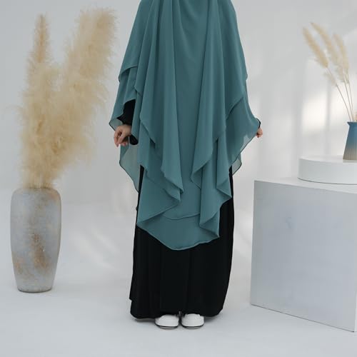 SYANKANGXIAO Ramadan Eid Khimar Abaya Turkey Islam Muslim Chiffon 2 Layers Long Hijab Dress Prayer for Women Full Cover Robe - color: Grey Blue