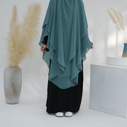 SYANKANGXIAO Ramadan Eid Khimar Abaya Turkey Islam Muslim Chiffon 2 Layers Long Hijab Dress Prayer for Women Full Cover Robe - color: Grey Blue