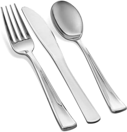 125 Piece Silver Dinnerware Party Set - 50 Silver Rim Plastic Plates, 25 Dinner 25 Dessert Plates, 25 Knives, 25 Forks, 25 Spoons - 25 Guest Disposable Set for Wedding Birthday Parties - color: Silver Rim