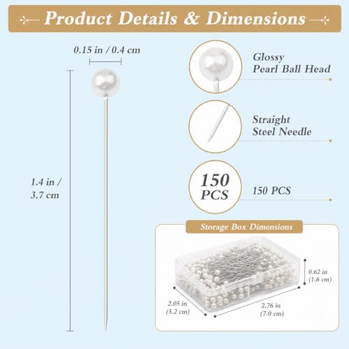 150 PCS Pearl Pins for Bouquets, 1.4 Inch Boutonniere Pin Corsage FloralPins Sewing Pins for Fabric, Round Ball Pearl Head Straight Pin for DIY Crafts Jewelry Making Sewing Wedding Flower