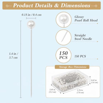 150 PCS Pearl Pins for Bouquets, 1.4 Inch Boutonniere Pin Corsage FloralPins Sewing Pins for Fabric, Round Ball Pearl Head Straight Pin for DIY Crafts Jewelry Making Sewing Wedding Flower
