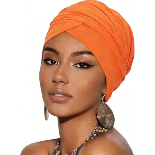 Turban Head Wrap Scarf,African Women' Soft Long Scarf Shawl Hair Bohemian Headwrap Stretch Headband Tie - color: Orange