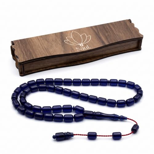 Saul Handmade 33 Beads Tasbih, Amber Phenolic Resin Islamic Prayer Beads with System Tassel, Pointed Capsule Cut Misbaha in Wooden Gift Box - color: Translucent Midnight Blue