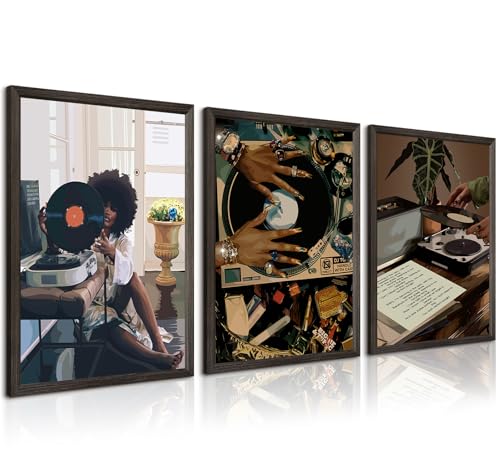 Black Woman Wall Art African American Women Canvas Wall Decor Black Girl Poster Fashion Female People Wall Art Feminine Abstract Pictures Boho Prints for Bedroom Bathroom 12x16 Inch Framed Set of 3 - color: Black Woman Print, size: 12"x16" Framed