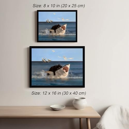 ICHZUMW Framed Funny Black Cat Biting Shark Ocean Canvas Wall Art 12x16 In - color: Black Shark Rider, size: 16"L x 12"W