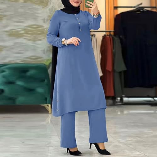 IDOPIP Women's Muslim Abaya Dress 2 Pieces Set Long Sleeve Button Down Shirt and Pants Casual Arabic Islamic Dubai Outfits - color: Blue, size: 4X-Large
