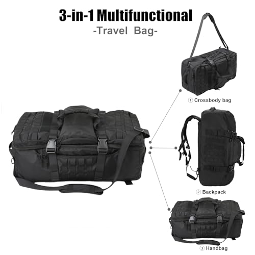 3 in 1 Tactical Travel Duffel Bag Backpack, Heavy Duty Gym Bag 85L, Black | Waterproof 600D nylon, internal collapsible dividers, weekend overnight travel, gym workout,military bag,(27x14x11)In - color: Black, size: 85L,(27x14x11)Inches