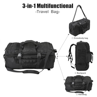 3 in 1 Tactical Travel Duffel Bag Backpack, Heavy Duty Military Gym Bag | Waterproof 600D nylon, internal collapsible dividers, weekend overnight travel, gym workout, camping luggage, 30L - color: Black, size: 30L,(19x10x8)Inches