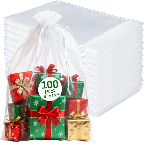 Sukh White Organza Bags 8"x12" - 100pcs Large Sheer Mesh Drawstring Bag for Jewelry, Soap, Fruits, Candy, Small Gift Bag for Weddings, Valentine's Day, Mother's Day, Halloween, Thanksgiving, Christmas - color: White, size: 100 Count (8 x 12 Inches)
