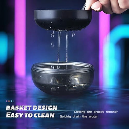 Retainer Case Denture Bath Case Basket Mirror Leak-proof Black Cat | 2-in-1 design Strainer Basket No-Leak Cleaning Case for Mouth Guard Cute Removal Tool,Aligner chewies,Bursh - color: Black Cat
