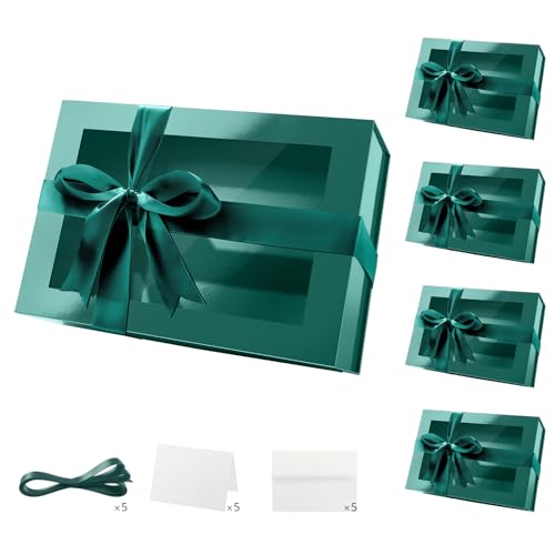PACKQUEEN 5 Large Green Magnetic Lids Gift Boxes with Window 13.5x9x4.1In - color: Green-13.5x9x4.1 Inches-Pack of 5