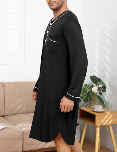SWOMOG Men's Nightshirt Long Sleeve Nightgown Soft Loose Sleepwear Lightweight Nightwear Comfy Henley Sleep Shirt M-3XL - color: Black, size: Medium