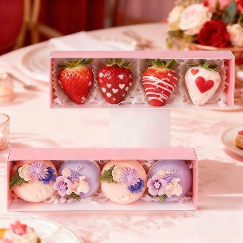 25Pack Pink Chocolate Covered Strawberry Box for 4, Macaron boxes, Long Treat Box for Truffles, Cookies, Ores, Chocolate Cocoa Bombs&Cake Ball Bakery Packaging Supplies - color: Pink
