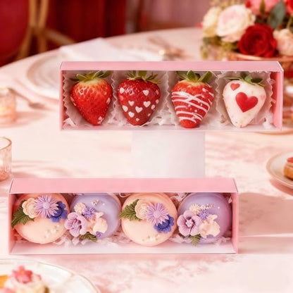 25Pack Pink Chocolate Covered Strawberry Box for 4, Macaron boxes, Long Treat Box for Truffles, Cookies, Ores, Chocolate Cocoa Bombs&Cake Ball Bakery Packaging Supplies - color: Pink