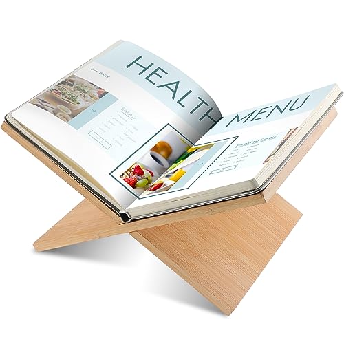Geetery Book Stand Bamboo Book Holder for Display Reading Textbook Holder Open Display Stand for Open and Closed, Cookbook, Magazines, Textbooks, Recipe(Wood Color) - color: Wood Color