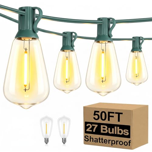 Brightever 50FT Outdoor String Lights 27 Bulbs, Waterproof Patio Lights - color: Green Wire Warm White, size: 50FT