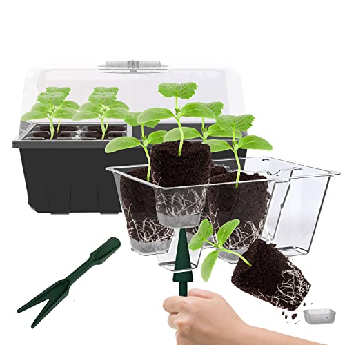 Gardzen 10 Pack Push-Up Seed Starting Tray, Pop Up Plant Germination Trays, Seed Starter Kit with Adjustable Humidity Vented Dome, 6.6" x 4.5", Total 120-Cell, Clear | Pop Up Plant Germination Kit with Adjustable Humidity Dome, 6.6"x4.5" Trays for Seedlin