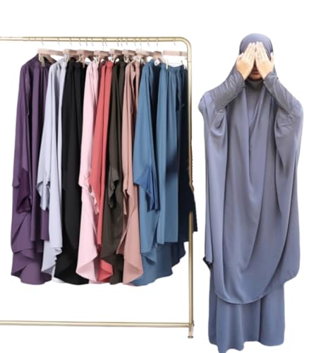 Womens Muslim Abaya Solid Prayer Dress Islamic Maxi Kaftan with Hijab Dubai Full Length 2 Piece Dress - color: 1dark Green