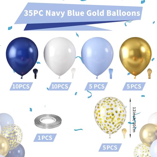 Royal Blue and Gold Balloons, Blue and White Gold Balloons, Macaron Navy Golden Confetti Latex Balloon Graduation Balloon for Birthday Wedding Baby Shower Graduations Party Anniversary Engagement - color: Navy Blue Gold White