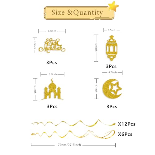 Eid Mubarak Decorations, Gold Glitter Eid Mubarak Hang Swirls Star Moon Lantern Decor Sign for Eid Festival Muslim Islam Party Decoration Supplies