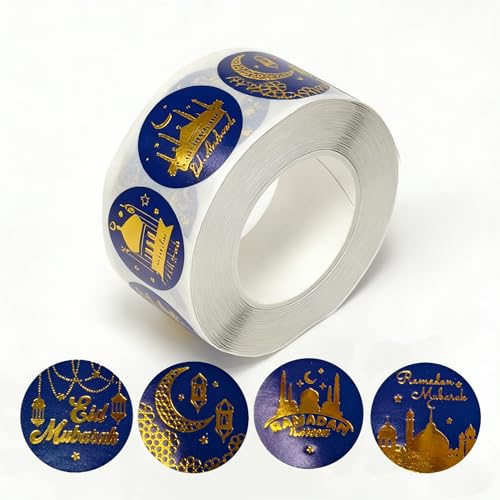 500 PCS Ramadan Stickers, 1'' Roll Eid Mubarak Stickers Eid Mubarak Ramadan Decorations Eid Mubarak Envelopes Stickers Party Supplies Self-Adhesive Seals Stickers for Envelope, Gift Bags, Wrapping - color: Blue-gold-(1inch)