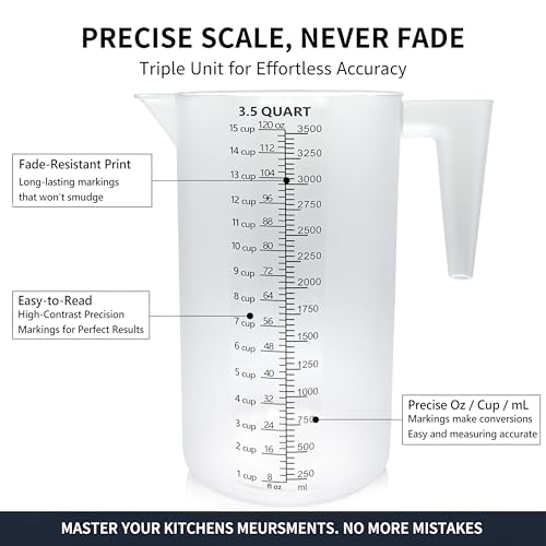 120oz Plastic Measuring Pitcher, 3500ml for Oil, Chemicals & More | Clear laser-etched markings, easy-pour spout, sturdy handle, and large 120oz capacity for measuring and mixing liquids. - size: 120 Ounces