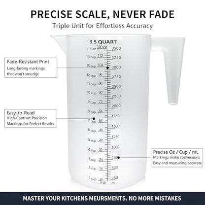 120oz Plastic Measuring Pitcher, 3500ml for Oil, Chemicals & More | Clear laser-etched markings, easy-pour spout, sturdy handle, and large 120oz capacity for measuring and mixing liquids. - size: 120 Ounces