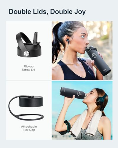 BUZIO 24 oz Insulated Water Bottle, Stainless Steel Wide Mouth Water Flask with Straw Lid, Cold for 48 Hrs Leak Proof Metal Hydro Thermo Canteen Mug, Black - color: Black, size: 24 Ounces