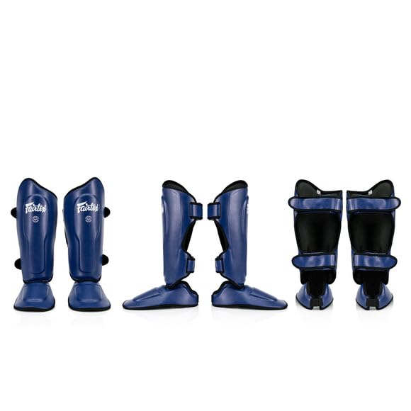 Fairtex SP9 Ultra Ergo Shin Pads | Muay Thai, Kickboxing Shin Guards Made with Syntek Leather - color: Blue, size: Large